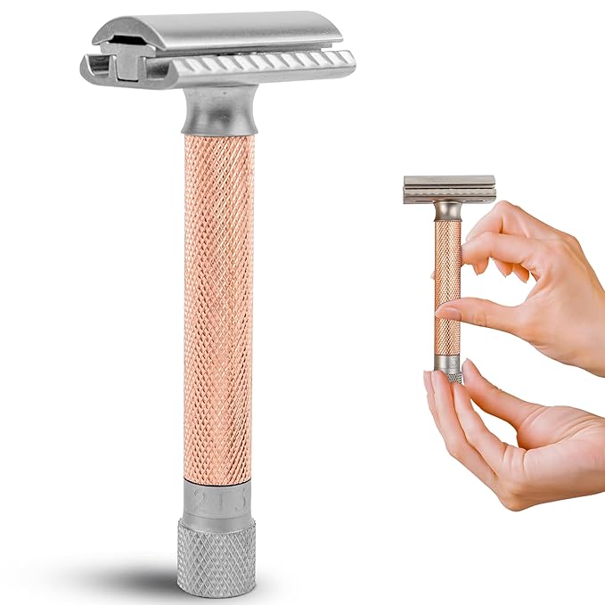 Parker THE VARIANT CLOSED COMB - ADJUSTABLE Double Edge Safety Razor Customize your Shave with a Turn of the Dial from Mild to Aggressive - 5 Blades Included (ROSE GOLD)