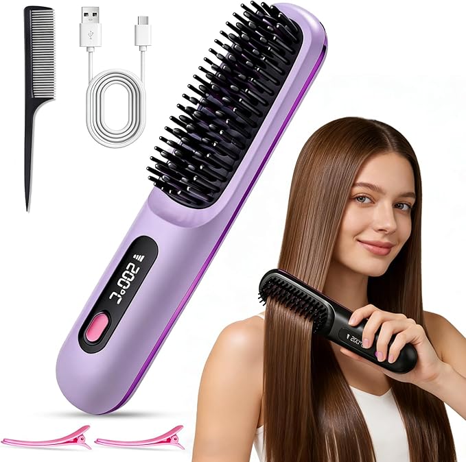 Go Brush Pro Cordless Hair Straightener Brush Portable Straightener Brushs for Travel Fast Heating Cordless Mini Hair Brushs with LED Display 3 Adjustable Temperatures Purple
