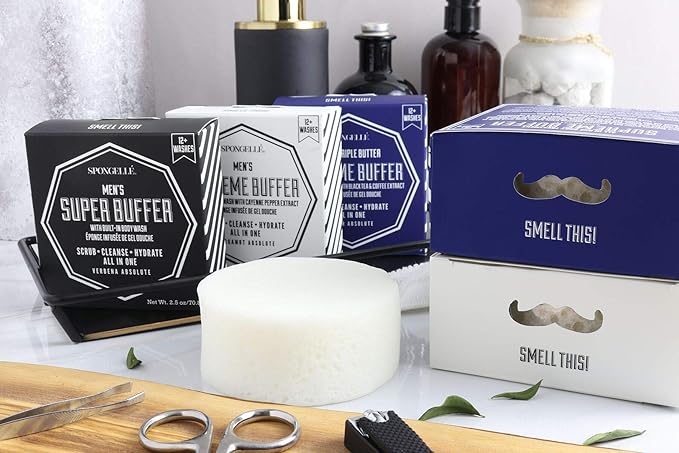 SPONGELLÉ Men’s Supreme Super and Extreme Buffer Set | Dual-Sided Scrubber &amp Body Wash Infused | Deep Cleansing &amp Exfoliating | 20+ Washes