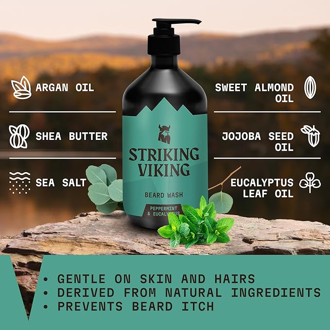 Striking Viking Beard Wash (17 oz) With Natural Peppermint &amp Eucalyptus Scent - Paraben &amp Sulfate-Free Deep Cleansing Shampoo For Beard Care