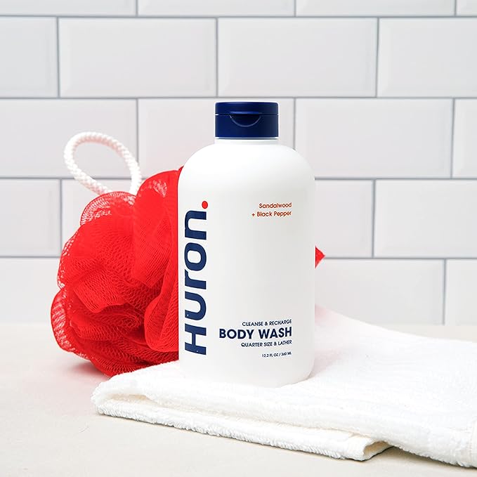 Huron Men’s Moisturizing Body Wash – Crisp &amp Invigorating Scent of Citrus Eucalyptus Mint &amp Aromatic Greens - Made With Coconut Oil Vitamin E &amp Witch Hazel – Vegan Cruelty-Free - 12.2