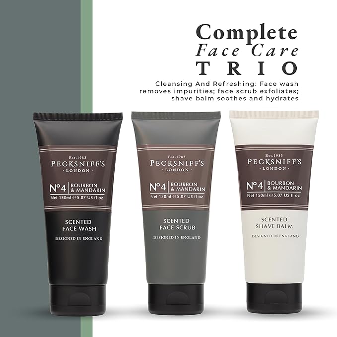 Pecksniff’s Men’s Trio Face Collection – Bourbon &amp Mandarin – Face Wash Face Scrub &amp Shave Balm Gift Set 3 x 75ml