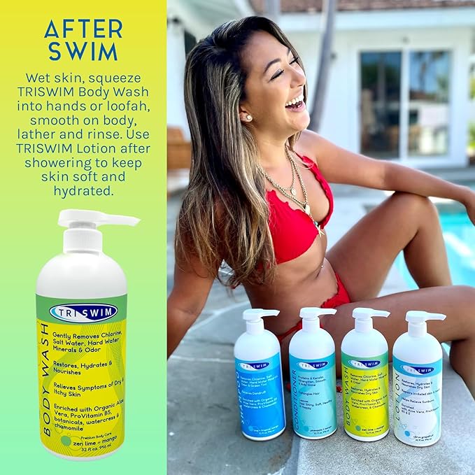 TRISWIM Chlorine Removal Body Wash 32 Fl Oz | Removes Chlorine Bromine Hard Water Minerals &amp Saltwater | Hydrates &amp Restores Skin | Zen Lime + Mango Scent