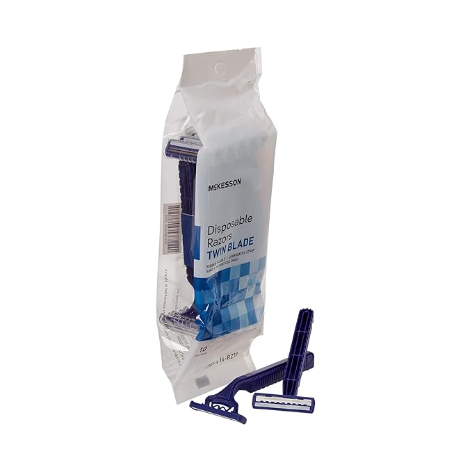 McKesson Disposable Razors Stainless Steel Twin Blade Lubricated Strip Ribbed Handle Blue 10 Count 12 Packs 120 Total