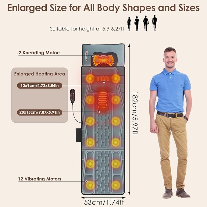 Flannel Full Body Massage Mat Heat Massage Pad with Detachable Shiatsu Neck Massager Multifunctional Massage Chair Pad with Carry Bag Earplugs Anti-Slip Bottom for Office Home