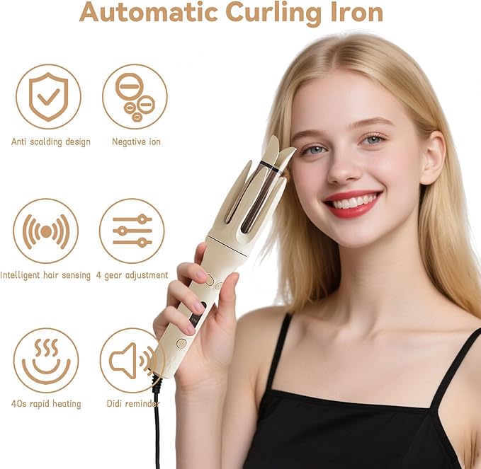 Automatic Curling Iron Rotating Curling Iron with 4 Temps &amp Display Screen 40S Fast Heating Hair Curlings Wand Anti-Tangle Anti-Scald Wave Curling Irons Ceramic Hair Curler for Women (Yellow)