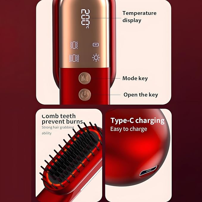 Cordless Hair Straightener Brush 3-Temp Go Brush Pro Vibration Massage Red Light Therapy Dual-Function Comb for Women Fast Heating MCH Ceramic Frizz-Free Smooth Hair Styling (Red)