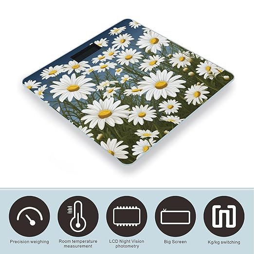 Camomile Pattern Scale for Body Weight Anti-Slip Tempered Glass Digital Bathroom Scales Clear LCD Display Weighing Scale Safe Rounded Corners Smart Scales