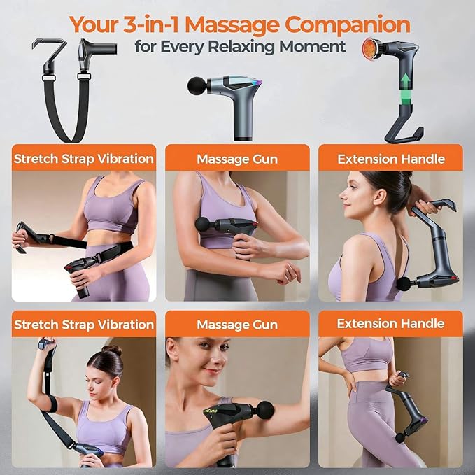 3-in-1 Detachable Deep Tissue Massage Gun with Heat &amp Extension Handle Percussion Muscle Massager for Arms Shoulders BackWaist Portable &amp Quiet for Home Gym &amp Office 12 Adjustable S