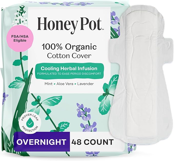 The Honey Pot Company - 48 ct - Herbal Pads for Women - Overnight w/Wings - Infused w/Essential Oils for Cooling Effect &amp Organic Cotton Cover - Feminine Care