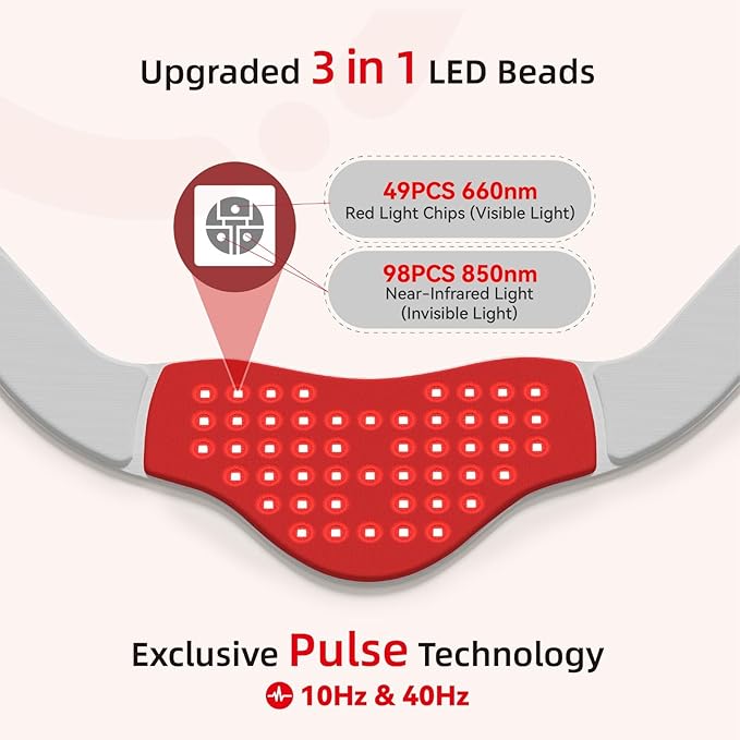 Red Light Therapy Neck and Shoulder Wrap 49 LED Device with 660nm Red + 850nm Near Infrared Portable Pain Relief Belt for Cervical Pain Shoulder Stiffness Muscle Relaxation Rechargeable Gray