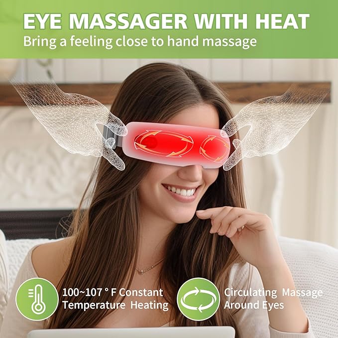 NOWWISH Eye Massager with Heat Vibration and Bluetooth Music for Migraine Headache Eye Strain Relief Heated Eye Mask with 4 Massage Modes Relaxation -Mothers Day Gifts for Mom Wife -White