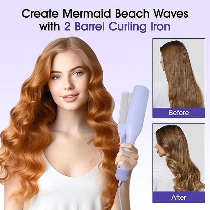 Beach Waves Curling Iron 1.4 Inch Double Barrel Waver Ceramic Wave Iron for Hair Crimper for Women Anti-Scald Dual Voltage Wavy Iron Deep Waver Hair Tool Purple