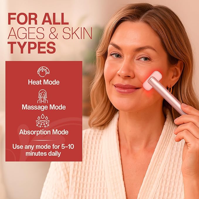 Face Massager 7 in 1 LED Red Light Wand for Face Neck &amp Eye – Rose Gold with Activating Serum | Portable Skincare Device Rechargeable Beauty Tool