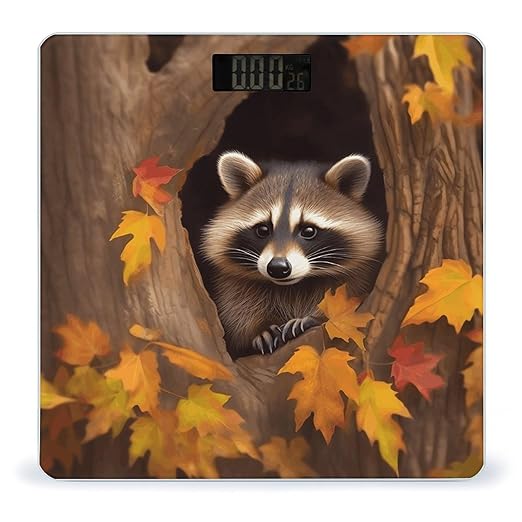 Raccoon in The Fall Tree Hole Bathroom Scale Large LCD Backlight Display Digital Scale Rounded Corners Body Scales Automatic Power On/Off Bathroom Scales for Home Bedrooms