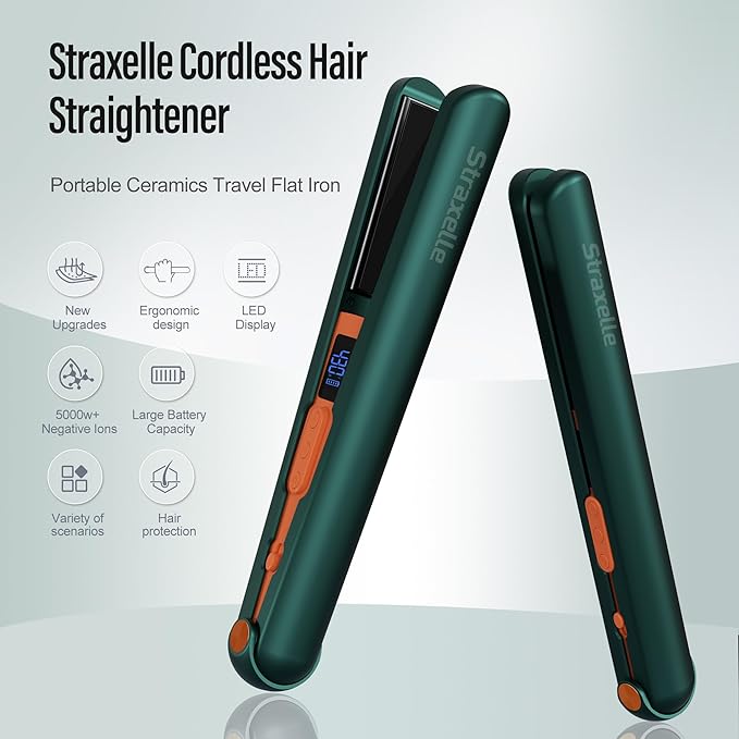 Cordless Hair Straightener 10000mAh Rechargeable Flat Iron Portable Travel Straightener with Negative Ion LED Screen &amp 3D Floating Plates 4 Adjustable Tempe 2 in 1 Straightener and Curler