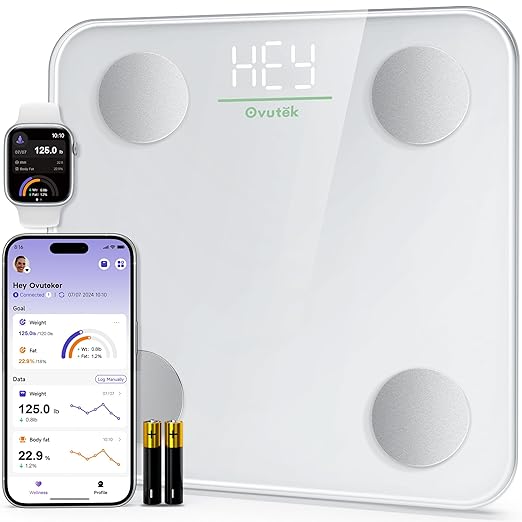 Ovutek Smart Scale for Body Weight Digital Bathroom Scale BMI Weighing Body Fat Scale Accurate Body Composition Scale Monitor for People's Health with Smartphone App Compact Size 400lb (White)
