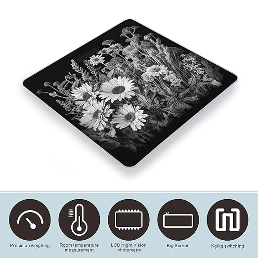 Black and White Flowers Smart Scale for Body Weight Accurate Bathroom Scale with LED Display Digital Weight Scales Weighing Machine High Precision Scales for Bath Home