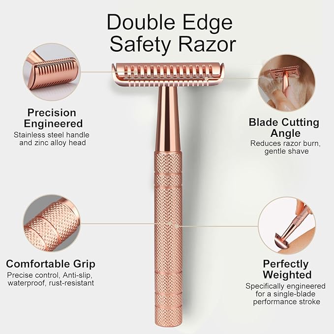 Rose Gold Stainless Steel Safety Razor with Razor Blade Disposal Container