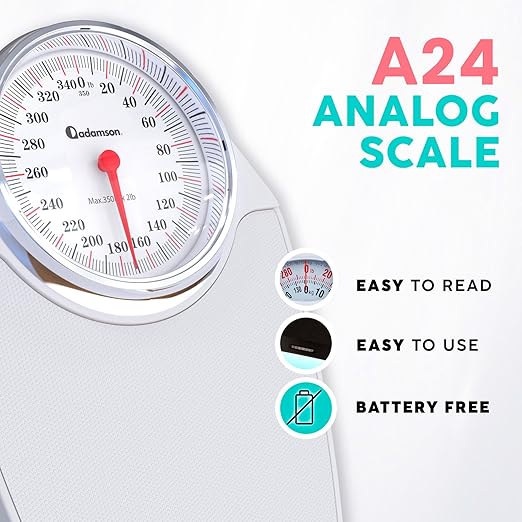 Adamson A24 Scales for Body Weight - Up to 350 LB - New - Anti-Skid Rubber Surface Extra Large Numbers - High Precision Bathroom Scale Analog - Durable with 20-Year Assurance - White