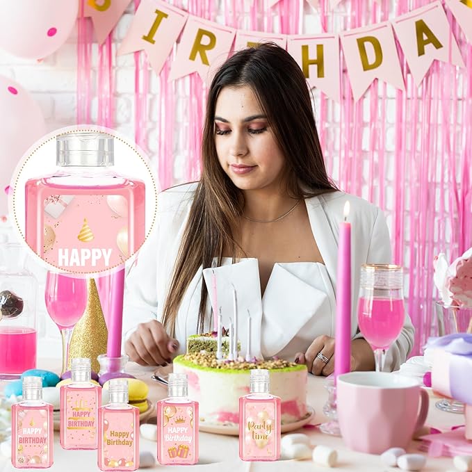 50 Pcs Happy Birthday Mini Hand Sanitizer Bulk Happy Birthday Gifts Party Favors 1fl Oz Hand Sanitizer Natural Plant Fragrance Travel Size Hand Soap Gift for Birthday Baby Shower (Pink Gold)