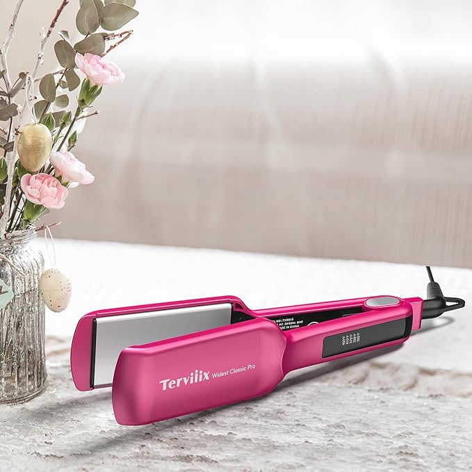 Terviiix Ceramic Hair Straightener 1-1/2 Inch Wide Flat Iron for Hair Professional Straightening Irons with Adjustable Temp 30s Instant Heating Get Silky Smooth Hair Dual Voltage Auto Off Pink
