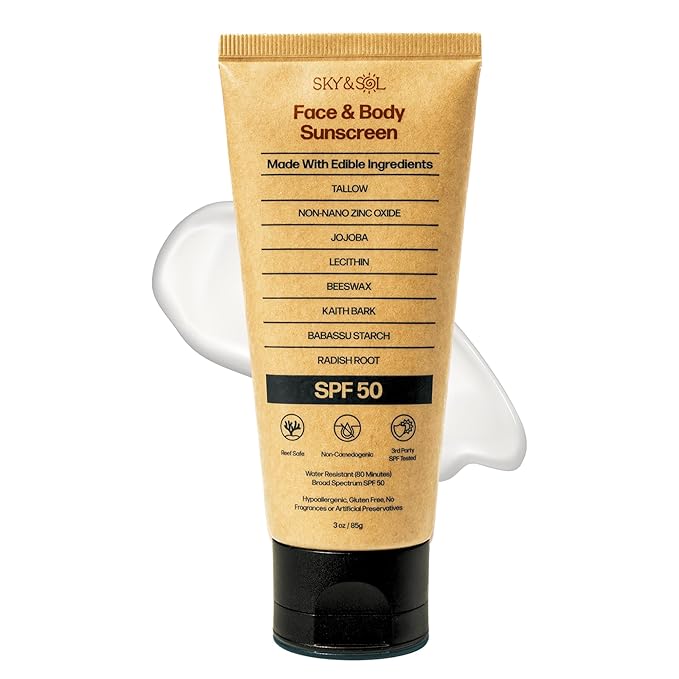 Sky and Sol Mineral Sunscreen SPF 50 | With Grass-Fed Tallow &amp Zinc Oxide | Non-Greasy Formula for Face &amp Body | Made Without Reef-Harming UV Filters | 3 oz (85 g)