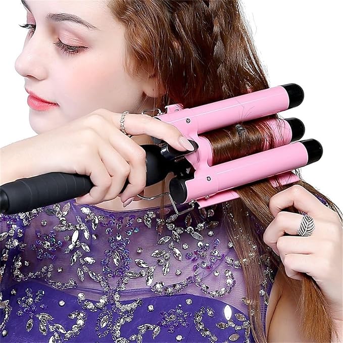 3 Barrels Hair Curler with LCD Display Ceramic Curling Iron Wand Hair Wavers Curling Tongs Beach Wave 80-210°C 14 Gear Temperature Control Pink (Size : 25mm)