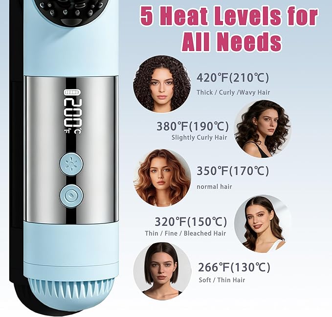 Cordless Hair Straightener Brush-Portable Mini Straightening Comb Rechargeable Battery Powered for Travel - Cool curl Airflow Styler- 30s Fast Heating -LCD Display