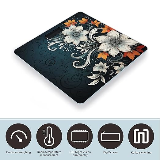 Novelty Boho Abstract Flowers Scale for Body Weight Highly Accurate Digital Bathroom Scale Sturdy Tempered Glass Weighing Scales with LCD Display Fashion Body Fat Smart Scales 400lb