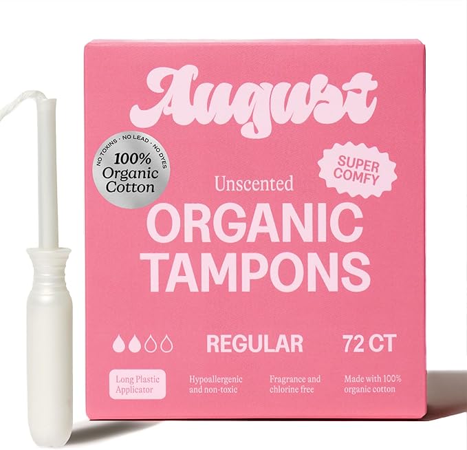 August Regular Tampons - 72-Pack 100% Organic Cotton Tampons for Women and Anyone Who Menstruates Non-Toxic Fragrance-Free and Hypoallergenic with Long Applicators (3 Boxes of 24)
