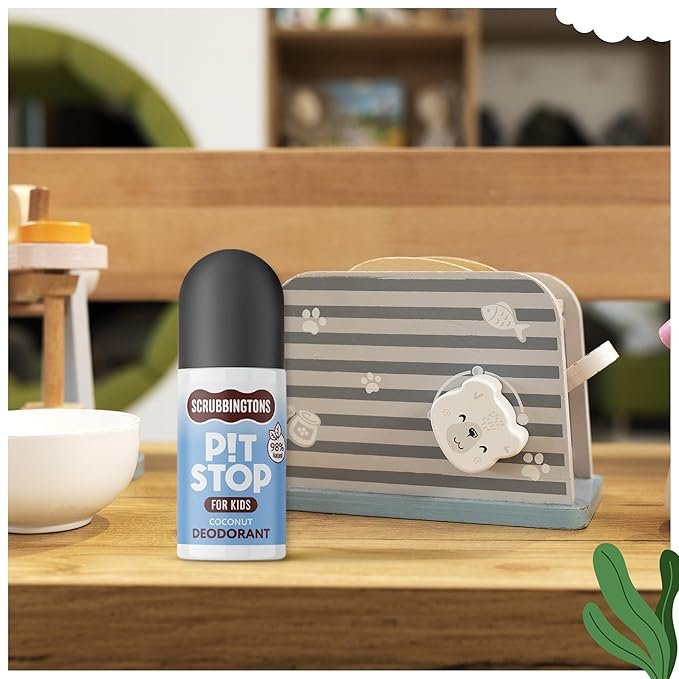 Scrubbingtons Pit Stop Kid’s Deodorant Children’s Roll-On Deodorant with Gentle Formulation Aluminium and Alcohol Free Coconut Scent – 75ml Quad Pack