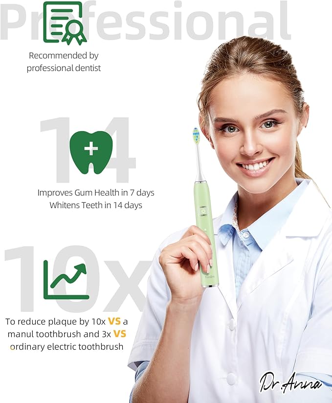 7AM2M Sonic Electric Toothbrush with 6 Brush Heads for Adults and Kids One Charge for 90 Days Wireless Fast Charge 5 Modes with 2 Minutes Built in Smart Timer Electric Toothbrushes(Green+Black)