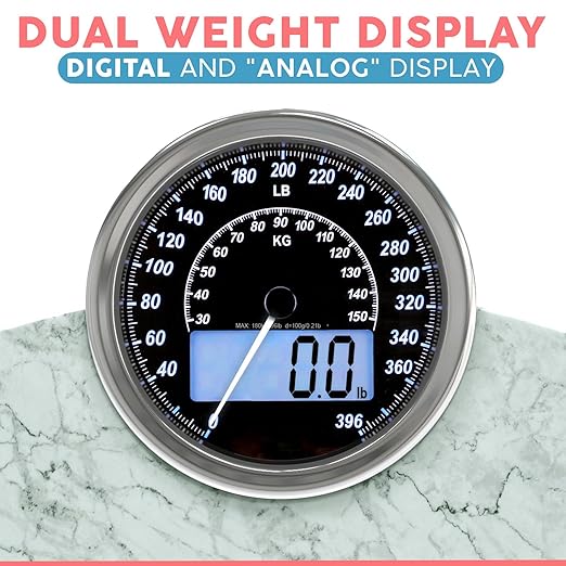 Adamson Hybrid 2-in-1 Analog &amp Digital Weighing Scale for Body Weight up to 400lbs - Thick Tempered Glass - Extra Large Display - Easy to Read Digital Bathroom Scale - New - Marble White