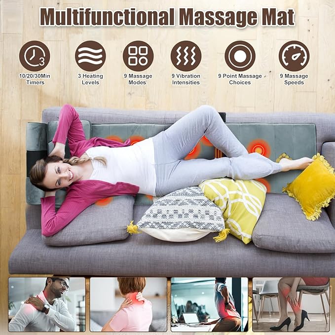 TeqHome Full Body Massage Mat with Heat Massager Pad with 10 Motors 9 Modes &amp 3 Timers Neck/Back Relief Anti-Slip for Bed/Sofa Gift for Men Women