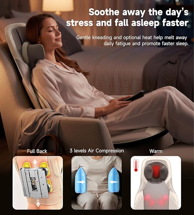 Elite Shiatsu Back &amp Neck Massage Chair Pad/Seat Cushion with Heat – 4D Kneading Vibration Compression Motorized Neck Height Lumbar Airbag Massage Premium Upholstery Deep Tissue Office Gra