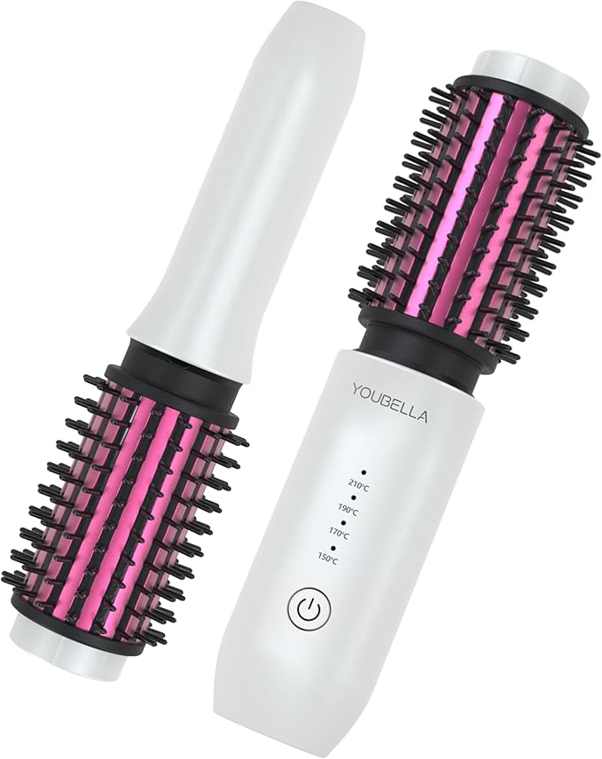 Youbella Cordless Hair Curling Iron Brush Mini Travel Hot Straightener Comb 3-in-1 Portable Wave Curling Wand 1.5″ Ionic Heated Brush USB Rechargeable Hair Curler White – No Automatic Rotation