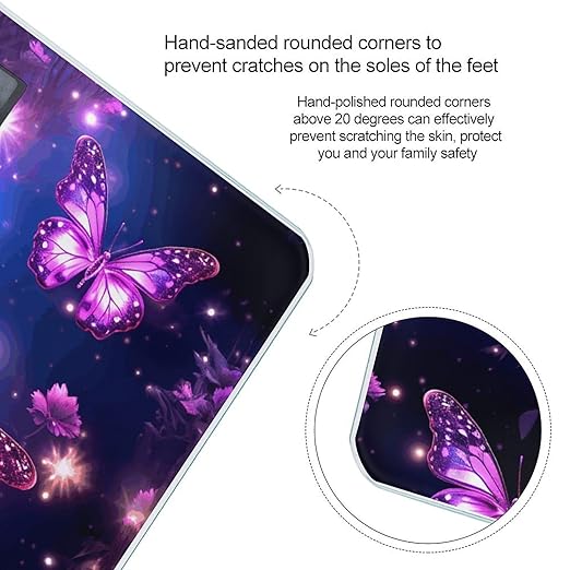 Purple Cute Butterfly Print Scale for Body Weight Anti-Slip Tempered Glass Digital Bathroom Scales Clear LCD Display Weighing Scale Safe Rounded Corners Smart Scales