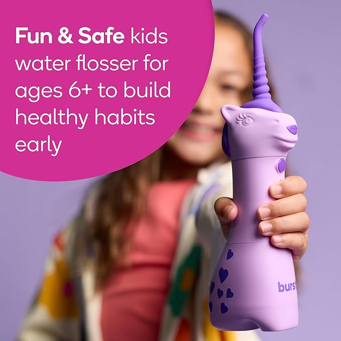 BURST Kids Water Flosser (Unicorn) | Cordless &amp Rechargeable Water Flosser for Teeth | 3 Gentle Pressure Modes | Silicone Safety Tip | Braces-Friendly | Fun Kid-Safe Design | 155mL Water Tank