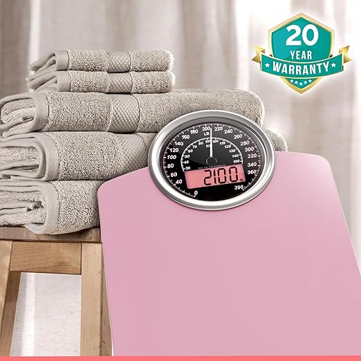 Adamson Hybrid 2-in-1 Analog &amp Digital Weighing Scale for Body Weight up to 400lbs - Thick Tempered Glass - Extra Large Display - Easy to Read Digital Bathroom Scale - New - Pink