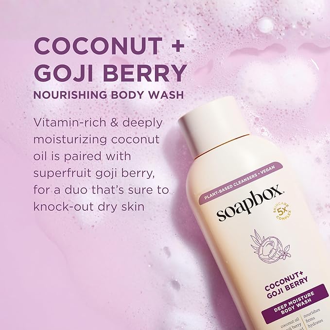 Soapbox Body Wash Coconut + Goji Berry Body Wash for Women Men Vegan + Antioxidant Rich Moisturizing Soap with Shea Butter Peptides &amp Keratin Promoting B3 3 Pack 20oz Each