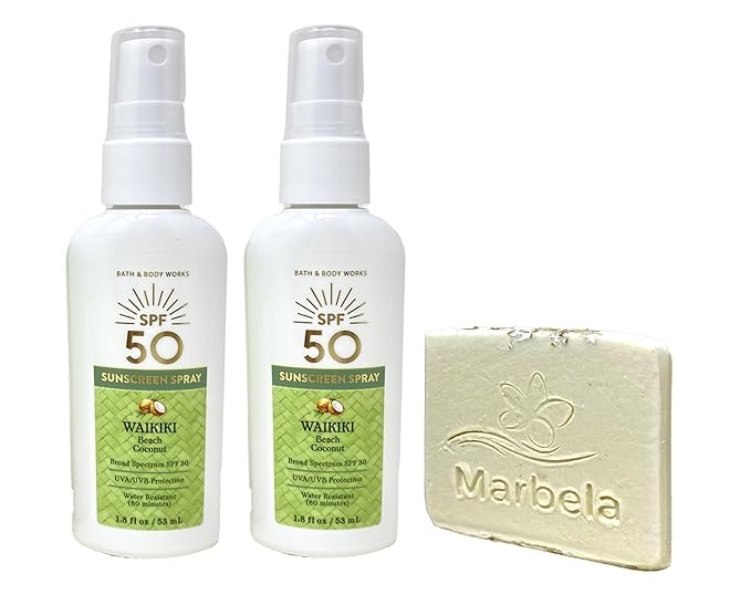 Bath &amp Body Works Waikiki Beach Coconut SPF 50 Sunscreen Spray 2 Pack Travel Size with a Natural Oats Sample Soap