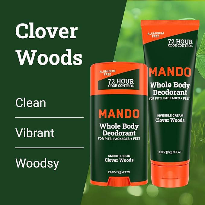 Mando Whole Body Deodorant - Invisible Cream Tube and Solid Stick - 72 Hour Odor Control - Aluminum Free Baking Soda Free Skin Safe - 3.0 Oz Tube and 2.6 Oz Solid Stick - Clover Woods