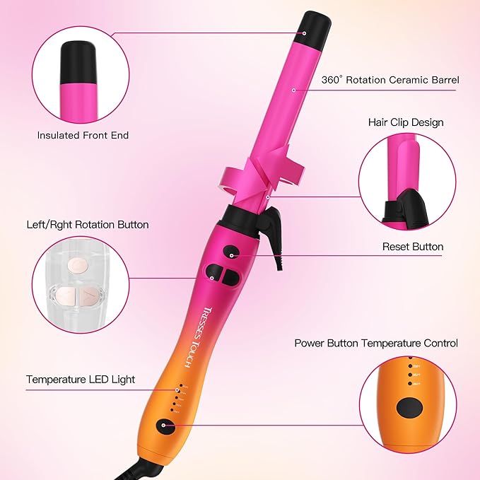 Extra-Long Barrel Rotating Curling Iron with Short Clamp Automatic Curling Iron 1 Inch Creates Loose Curls – for Medium and Long Hair High Heat 410°F Instant Heat up Double Ceramic Dual Voltage