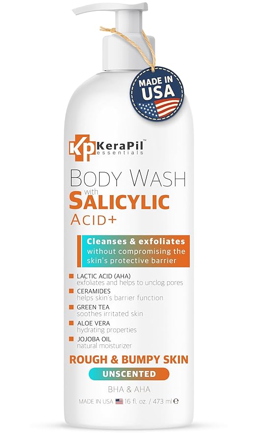 Exfoliating Body Wash With Salicylic Acid - Gentle Exfoliates Rough and Bumpy Skin KP and Acne with BHA &amp AHA - Unscented Body Wash Made in USA - (16 fl oz)
