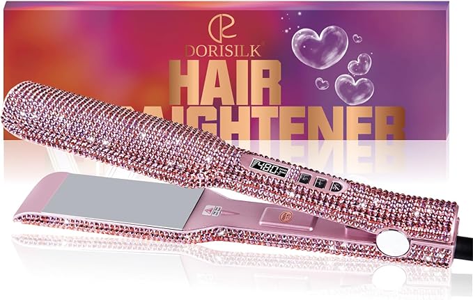 DORISILK Crystal Diamond Professional Hair Straightener 2 Inch Titanium Flat Iron Bling Rhinestone Straightening Iron Curling 2 in 1 Salon High Heat 480 °F Instant Heat Up Dual Voltage Rose Pink