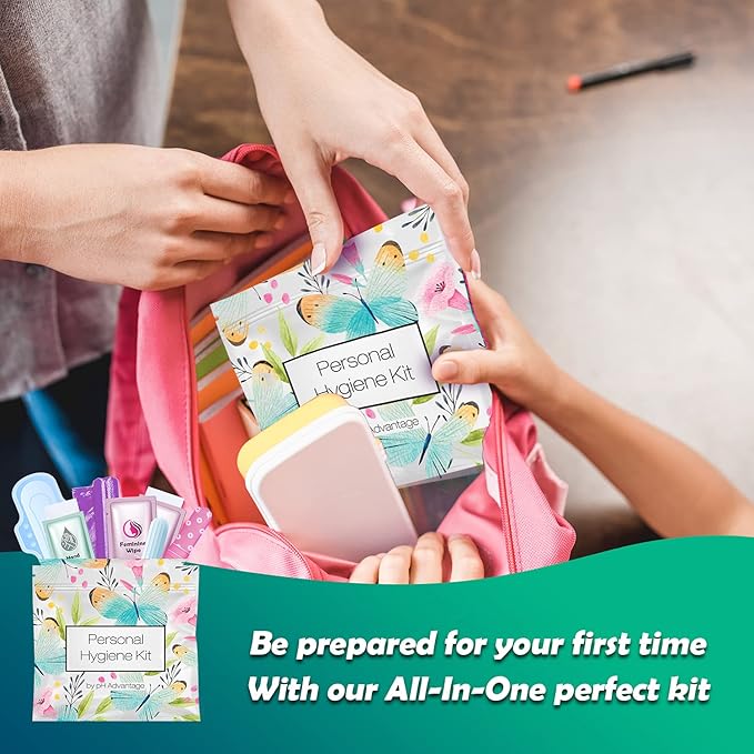Butterfly Style Menstrual Kit All-in-One 100 Pack | Convenience on The Go | Period Kit Pack for Travelling Tweens &amp Teenagers or just When You’re Out | Individually Wrapped Feminine Hygiene Produ