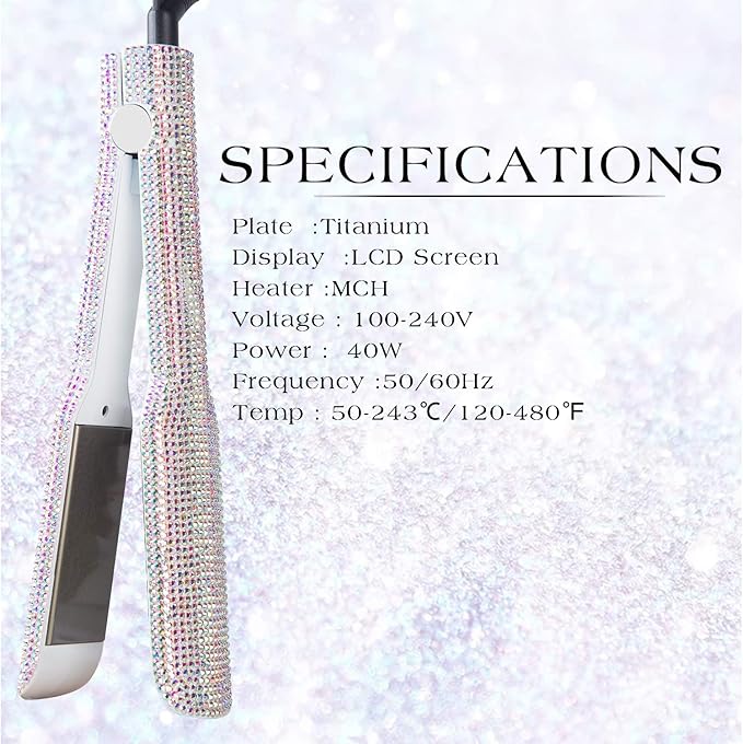 DORISILK Crystal Diamond Titanium Hair Straightener 2 Inch Rhinestone Flat Iron Dual Voltage Straightening Irons Instant Heat-up 480°F Quick Styling LCD Display Gorgeous Rhinestone (AB Shine)