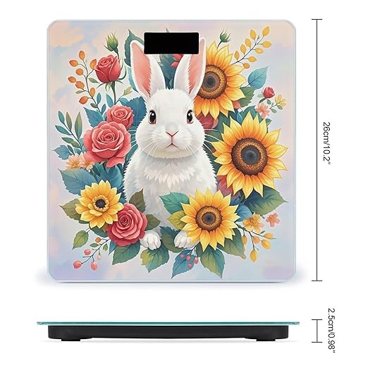 Watercolor Rabbit and Flowers Bathroom Scale for Body Weight Bathroom Weighing Scales with Back Lit LED Display Sturdy Tempered Glass Body Weight Bathroom Scale 400lb Weighing