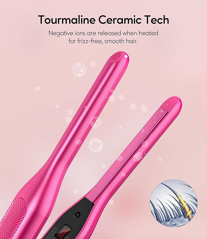 Terviiix Mini Flat Iron and Hair Straightener for Short Hair Edges and Pixie Cut - 3/10 Inch Skinny Pencil Straightener for Black Women's Baby Hair LCD Digital Display Dual Voltage Pink